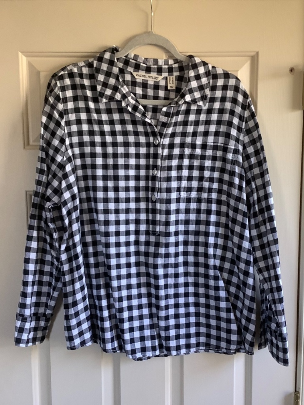 Rachel Hollis Gingham Linen Blend Woven Henley Shirt Black White SZ 14 - Picture 4 of 16